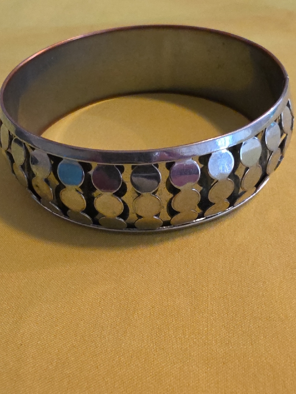 Vintage Brass & Silver-Tone Disc Accent Bangle Bracelet